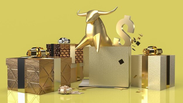 O touro dourado com caixas de presente, renderização em 3D