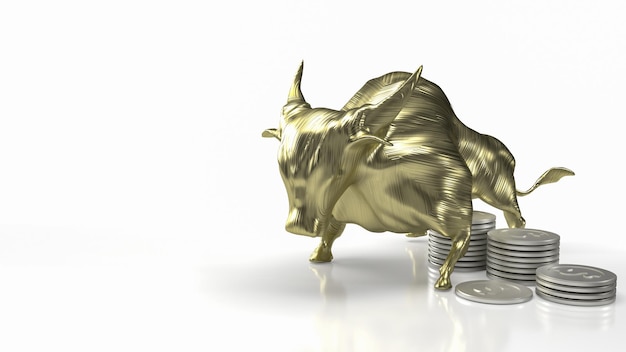 O touro dourado e moedas na renderização 3d de fundo branco
