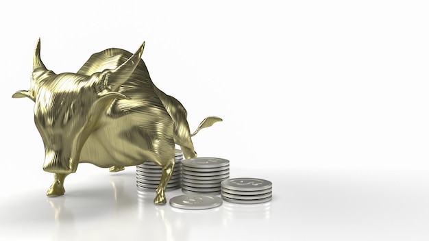 O touro dourado e moedas na renderização 3d de fundo branco