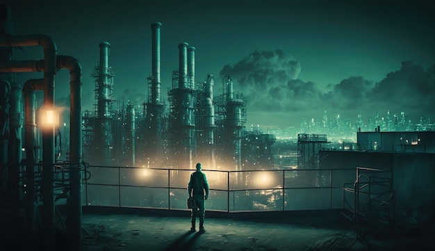 O trabalhador da cena cyberpunk olha para a fábrica futurista e a IA generativa da cidade