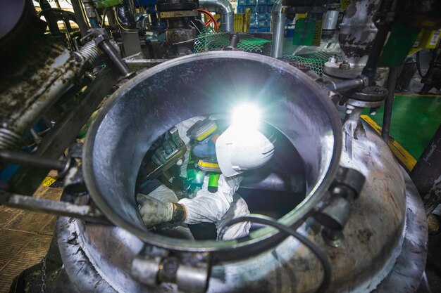 O trabalhador masculino de vista superior sobe as escadas para a área de graxa química de carbono do tanque confinada