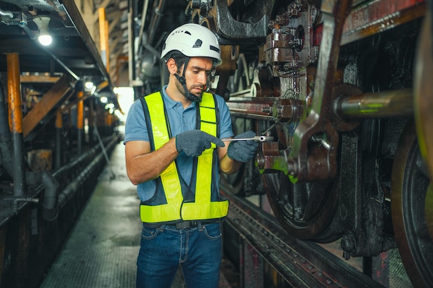 O trabalhador que trabalha em uma fábrica industrial usa uma chave de fenda cruzada para inspecionar a máquina