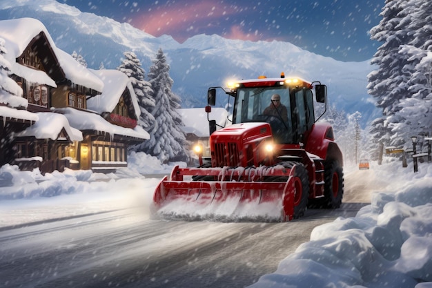 O tractor vermelho está a conduzir por uma estrada coberta de neve com uma casa ao fundo.