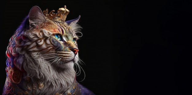 O traje de vestido de luxo do gato real Fechar o retrato Gato rei com trono e coroa IA generativa