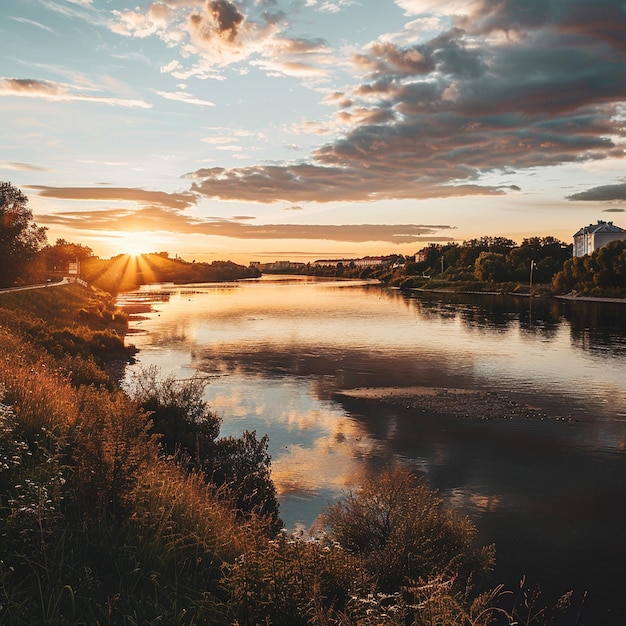 O tranquilo pôr-do-sol junto ao rio Narva