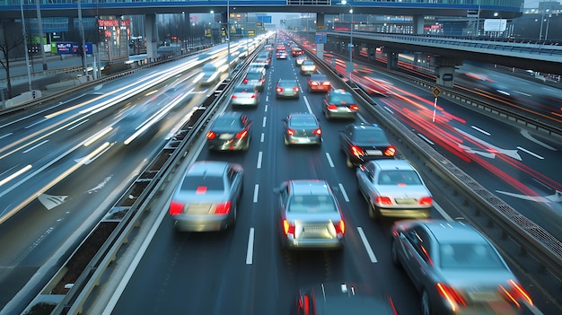 Foto o trânsito na hora de ponta numa auto-estrada movimentada as raias de luz dos faróis dos carros e das luzes traseiras criam uma sensação de velocidade e movimento