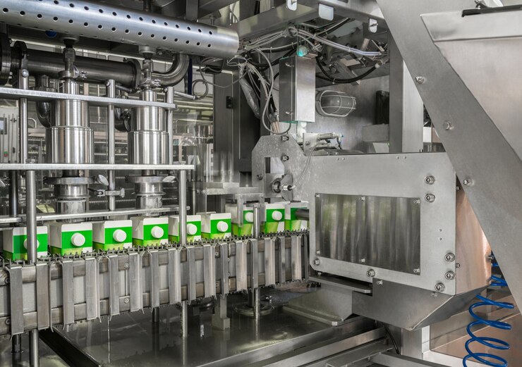 Foto o transportador de enchimento e embalagem de bebidas em recipiente de papelão. equipamento na fábrica de laticínios