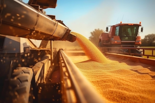 Foto o trator e silos para transferência de grãos