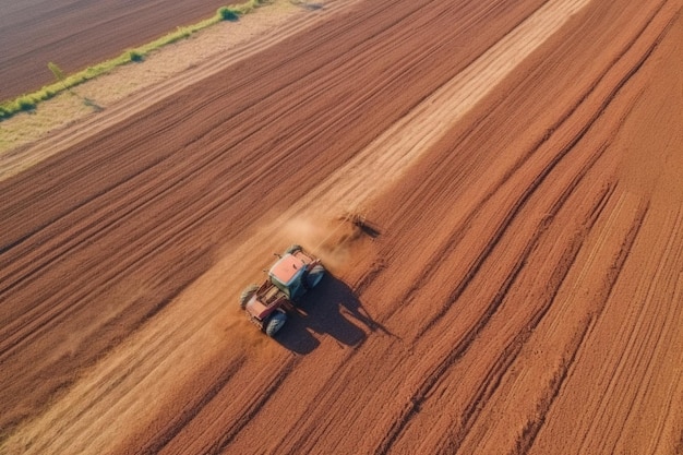 O trator trabalha na vista aérea do campo