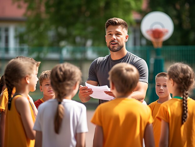 O treinador dá uma palestra à equipa de basquetebol da escola primária.