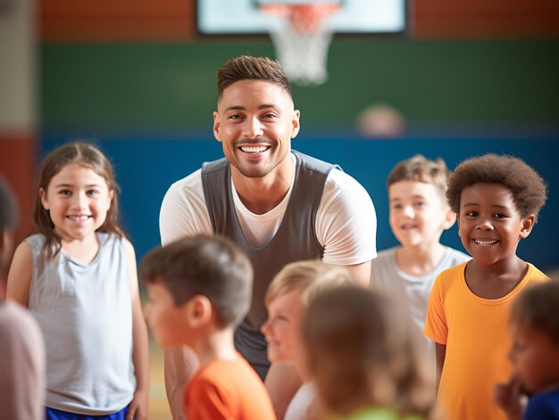 O treinador dá uma palestra à equipa de basquetebol da escola primária.