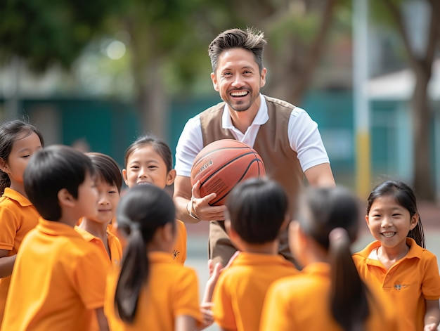 O treinador dá uma palestra à equipa de basquetebol da escola primária.