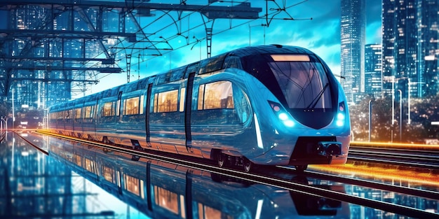 O trem elétrico moderno percorre a cidade futurista apresentando o conceito de transporte ecológico contemporâneo O design simplificado combina perfeitamente com a paisagem urbana IA generativa