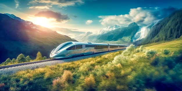 O trem moderno passará por uma bela paisagem pitoresca em um banner de montanhas feito com Generative AI
