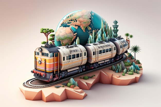 O trem viaja ao redor da terra no fundo branco