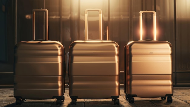 O trio de bagagens douradas brilha sob a luz quente ambiente