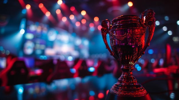 Foto o troféu do campeonato em exibição na esports arena no campeonato de jogos de computador