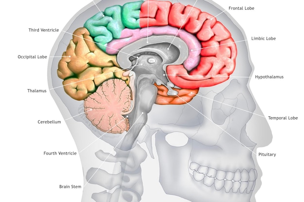 Foto o tronco cerebral e a medula espinhal são rotulados