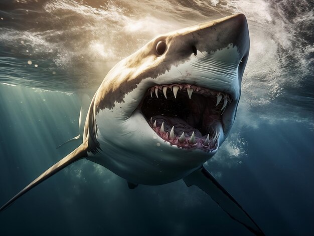 O tubarão branco zangado está a nadar com a boca aberta.