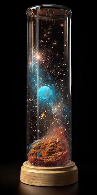 O tubo de vidro continha os oceanos, a terra, o vento, o fogo, o éter, o universo inteiro da natureza com a nebulosa de observação de estrelas e as galáxias de estrelas geram ai