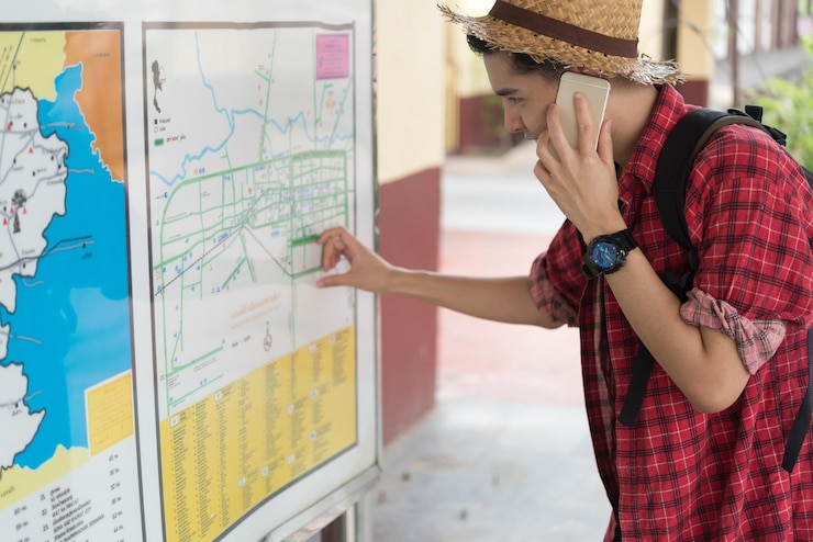 Foto o turista asiático fala o telefone para perguntar a localização e ele está olhando o mapa na estação de trem tailândia homem hipster vai viajar