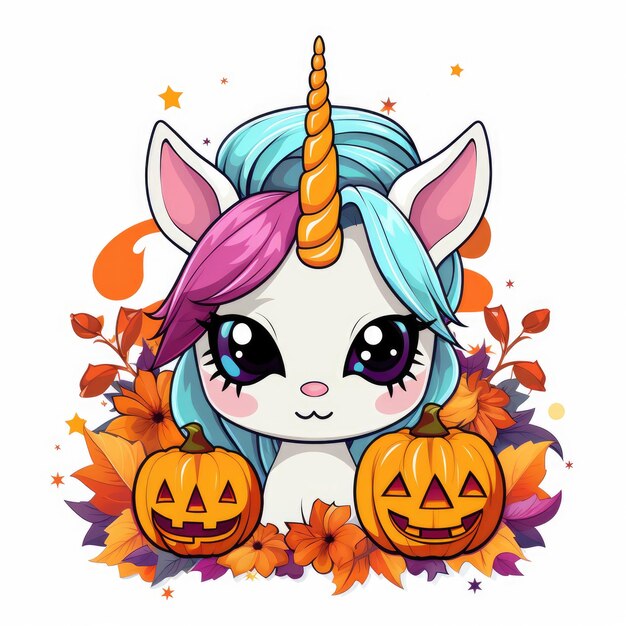 O unicórnio Kawaii um desenho colorido de Halloween com contornos vetoriais em negrito em um fundo branco bonito