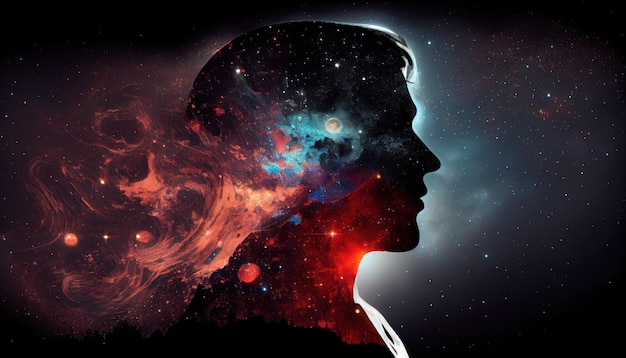 O universo dentro da silhueta de um homem O conceito sobre temas científicos e filosóficos