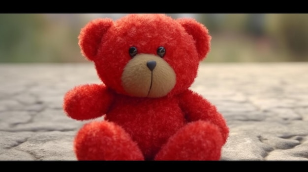 O ursinho fofo de brinquedo infantil segura um coração vermelho em suas patas Generative AI