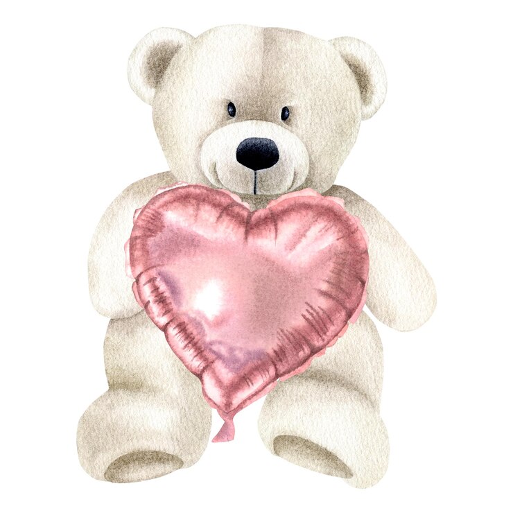 Foto o urso de brinquedo branco está sentado e segurando um balão rosa brilhante de coração ilustração de aquarela desenhada à mão