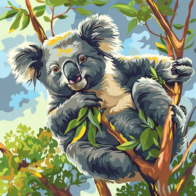 Foto o urso koala senta-se no galho da árvore e come folhas job id 58cc72b9f8154432be505ba2c403ae7f