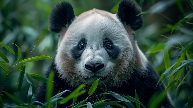 O urso panda pastando em um campo de grama