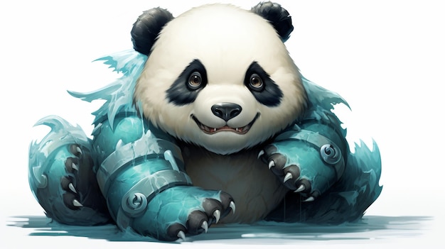 O urso panda sentado em cima do robô azul