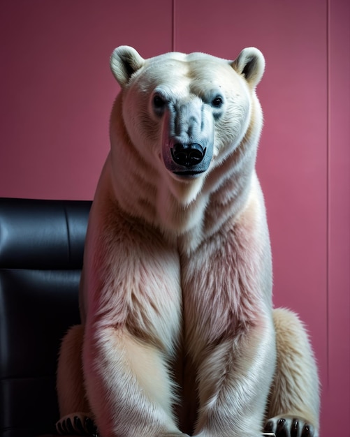 O urso polar está sentado em uma cadeira que é colocada na frente do fundo rosa