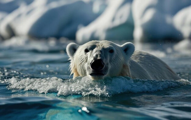 O urso polar nadando habilmente nas águas frias do Ártico