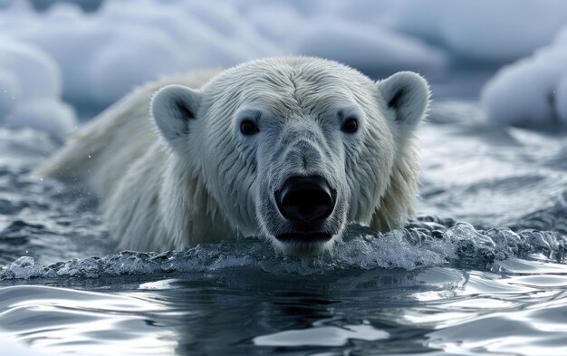 O urso polar nadando habilmente nas águas frias do Ártico