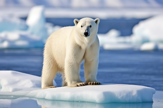 O urso polar Ursus maritimus no pacote de gelo ao norte de Svalbard, na Noruega Ártica, uma imagem caprichosa de um urso polar encalhado em uma ilha estéril.