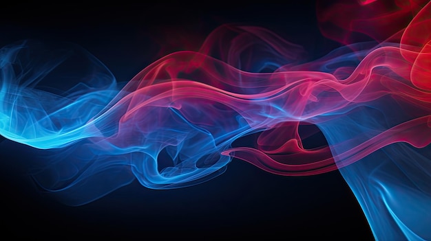 O vapor de fumaça azul e vermelho abstrato se move sobre um fundo preto