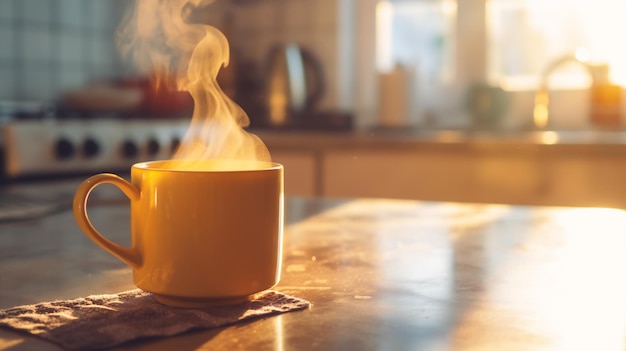 Foto o vapor flutua de uma caneca amarela numa cozinha ensolarada, um símbolo de uma manhã aconchegante e pacífica.