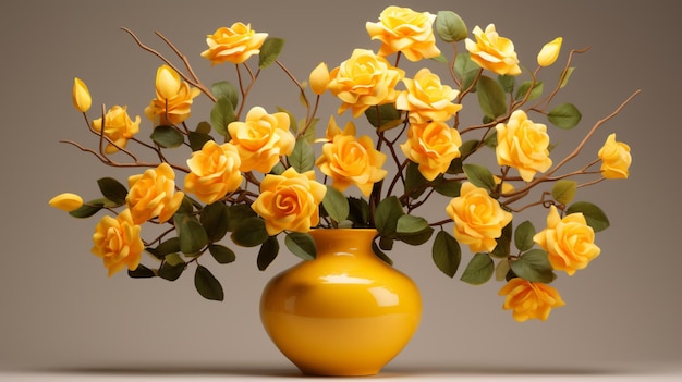 O vaso tem rosas amarelas ramificadas no centro de alta resolução Ai gerou arte