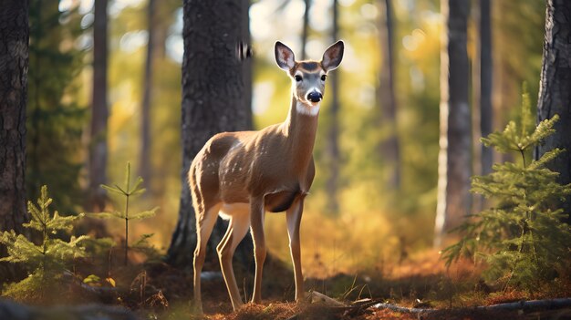 O veado de cauda branca Odocoileus virginianus caminhando na floresta de outono