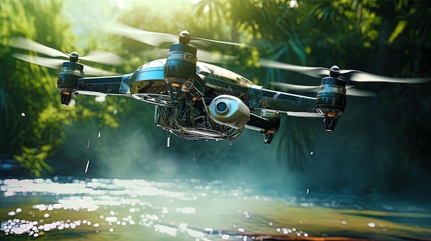 O veículo aéreo não tripulado realiza a irrigação criando um revestimento de água invisível, mas eficaz
