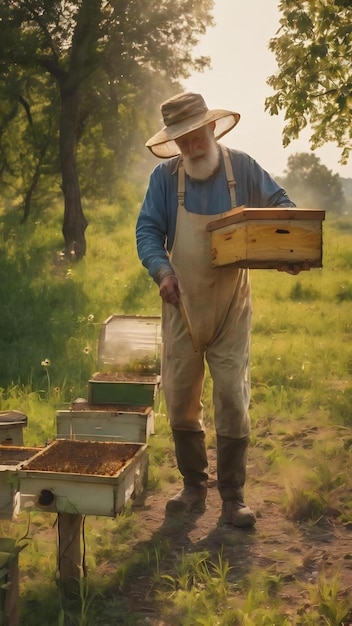 O velho avô apicultor trabalha no seu próprio apiário rural.