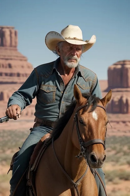 O velho cowboy ganhando a última batalha de armas da vida.