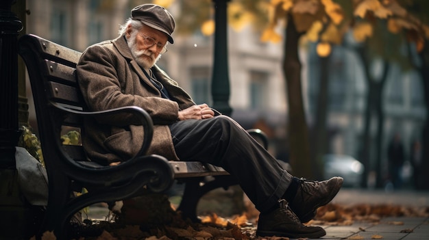 O velho descansa no banco.