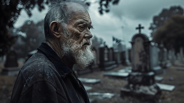 Foto o velho lamenta a perda no meio do cemitério. luto silencioso no cemitéreo.