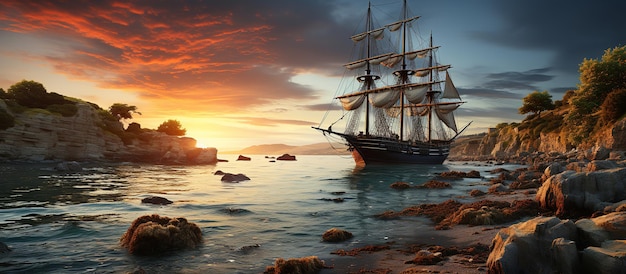 O velho navio a vela no mar ao pôr-do-sol