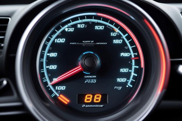 Foto o velocímetro de um carro moderno mostra uma alta velocidade de condução adicionado desfoque de movimento