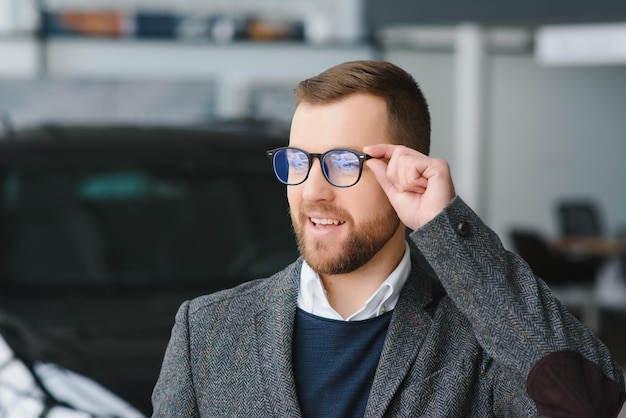 O vendedor alegre e amigável bonito posa em um salão de carro ou showroom