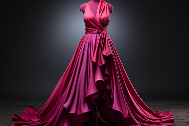 O vestido de cor magenta na altura do tornozelo apresenta um tom vibrante e atraente