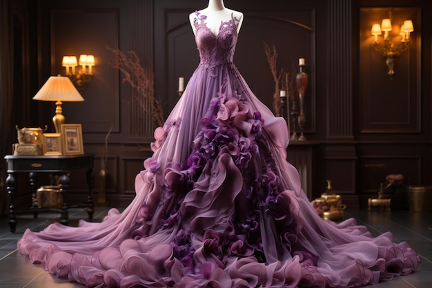 O vestido longo de cor roxa simbolizando luxo e realeza para uma aparência requintada e real